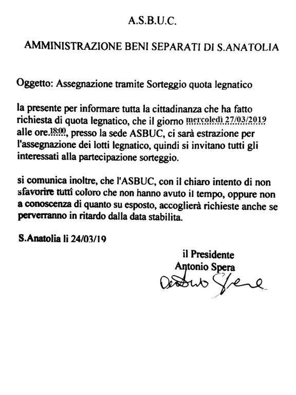 Avviso del 24 marzo 2019 - Assegnazione tramite sorteggio quota legnatico